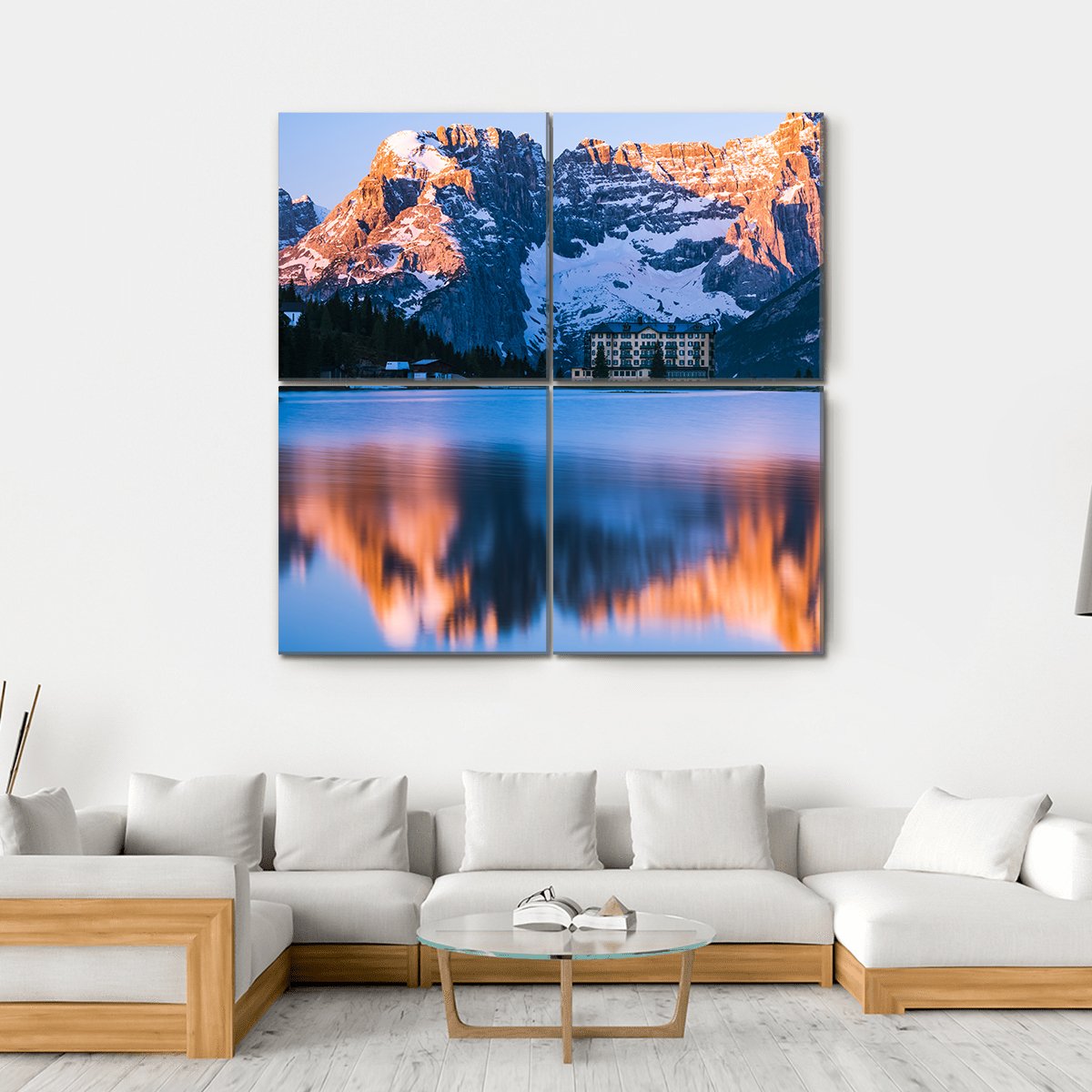 Sunrise Over Misurina Lake With Dolomites Mountains Canvas Wall Art-4 Square-Gallery Wrap-17" x 17"-Tiaracle