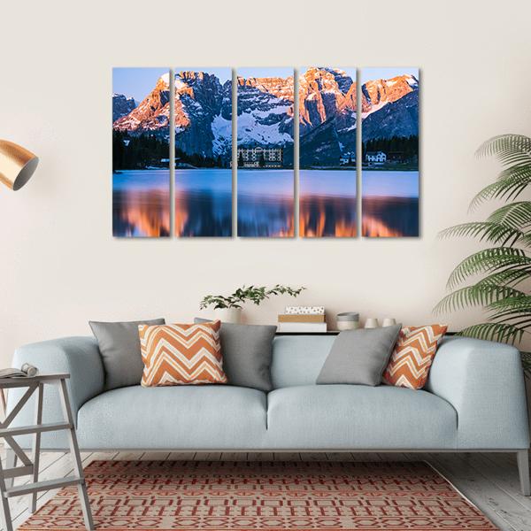 Sunrise Over Misurina Lake With Dolomites Mountains Canvas Wall Art-5 Horizontal-Gallery Wrap-22" x 12"-Tiaracle