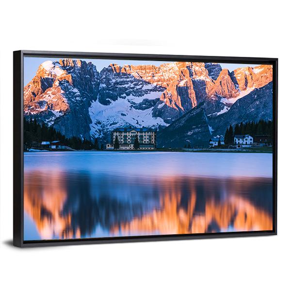 Sunrise Over Misurina Lake With Dolomites Mountains Canvas Wall Art-3 Horizontal-Gallery Wrap-25" x 16"-Tiaracle