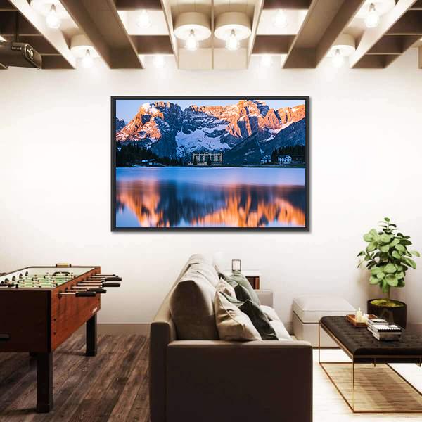 Sunrise Over Misurina Lake With Dolomites Mountains Canvas Wall Art-3 Horizontal-Gallery Wrap-25" x 16"-Tiaracle