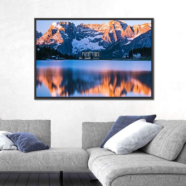 Sunrise Over Misurina Lake With Dolomites Mountains Canvas Wall Art-3 Horizontal-Gallery Wrap-25" x 16"-Tiaracle