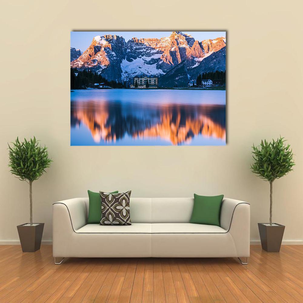 Sunrise Over Misurina Lake With Dolomites Mountains Canvas Wall Art-1 Piece-Gallery Wrap-48" x 32"-Tiaracle