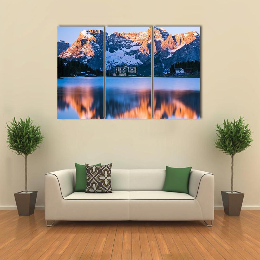 Sunrise Over Misurina Lake With Dolomites Mountains Canvas Wall Art-3 Horizontal-Gallery Wrap-37" x 24"-Tiaracle