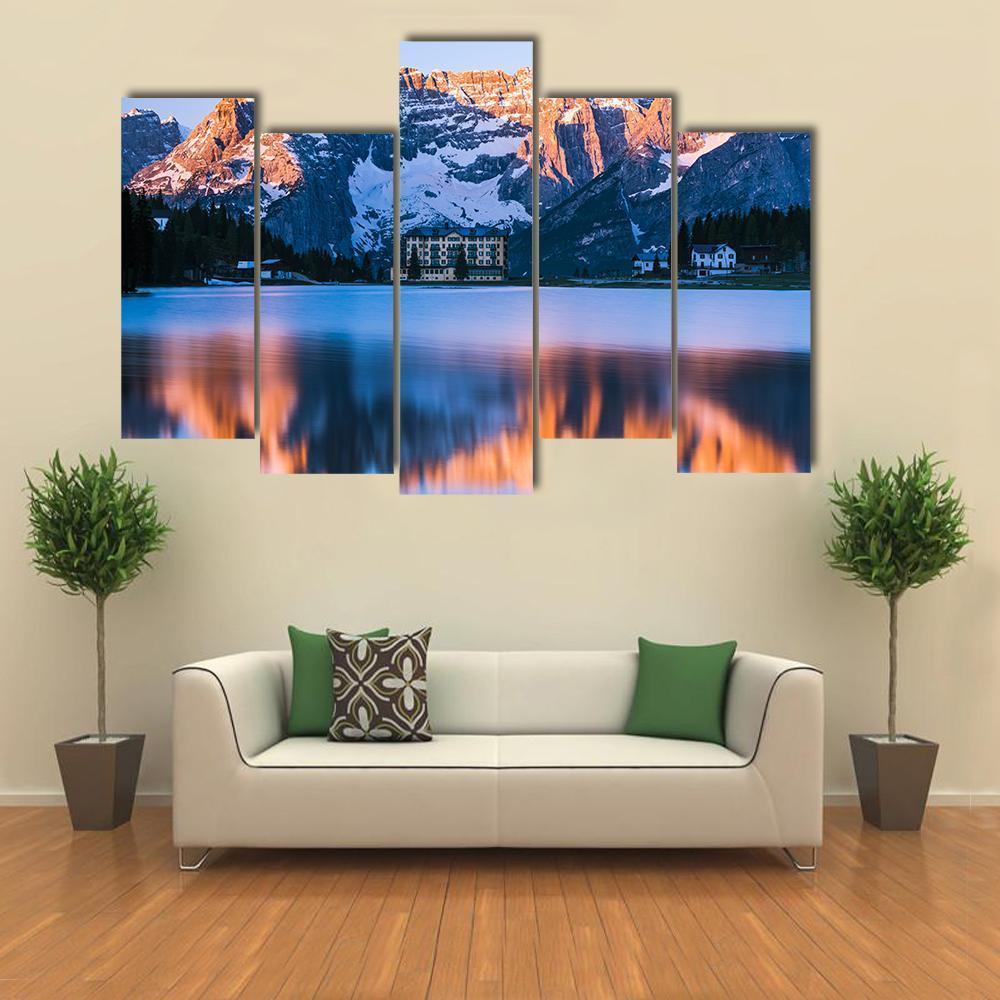 Sunrise Over Misurina Lake With Dolomites Mountains Canvas Wall Art-5 Pop-Gallery Wrap-47" x 32"-Tiaracle
