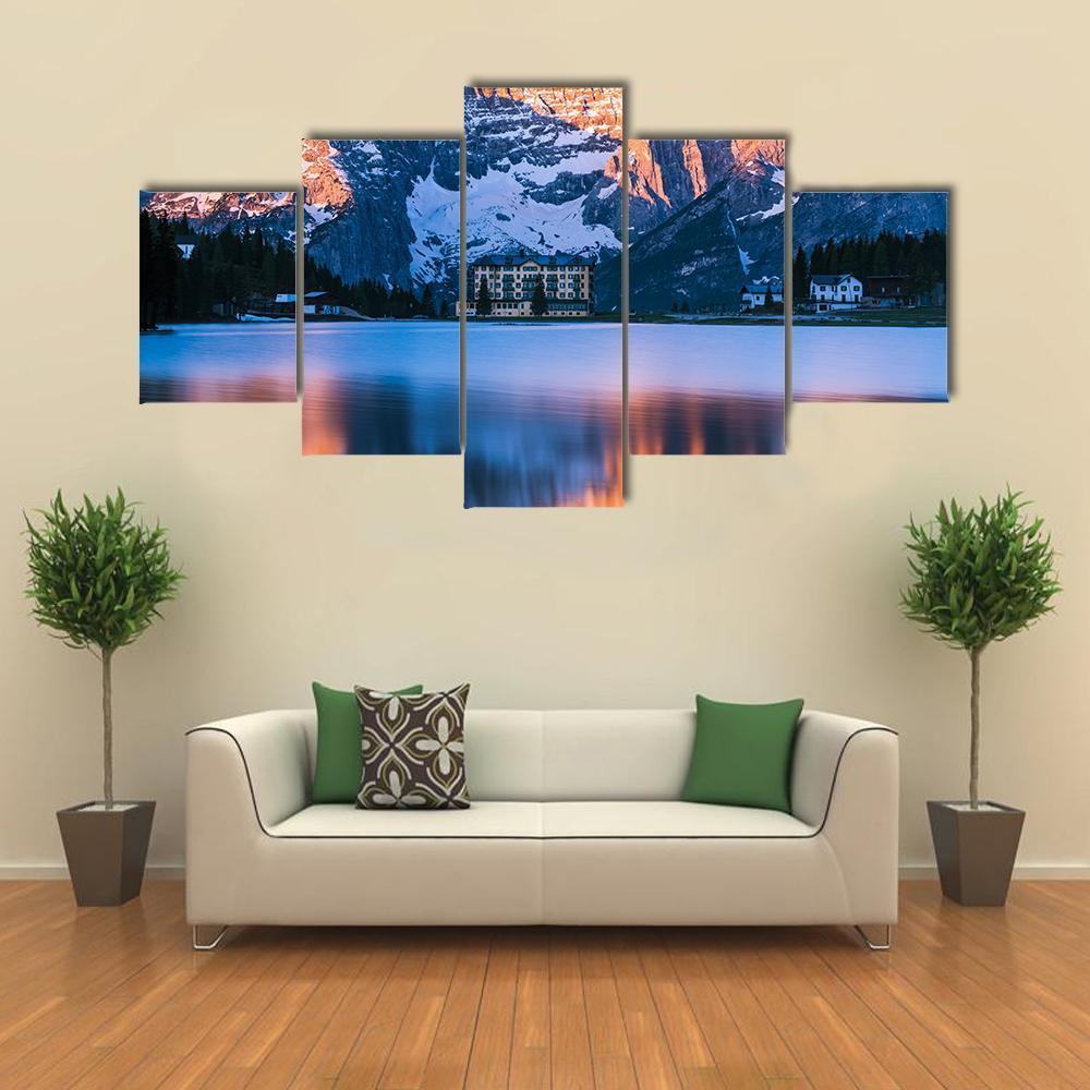 Sunrise Over Misurina Lake With Dolomites Mountains Canvas Wall Art-5 Star-Gallery Wrap-62" x 32"-Tiaracle