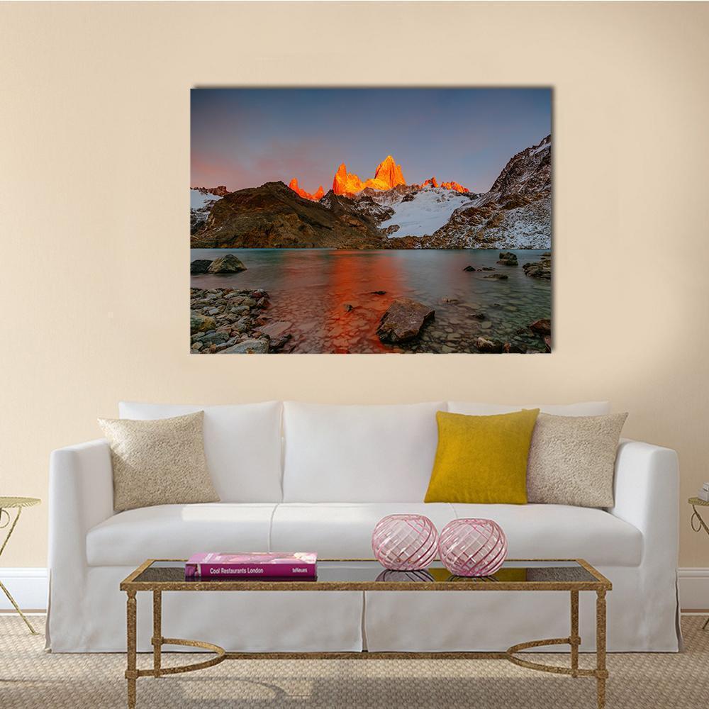 Mount Fitzroy at Sunrise Canvas Wall Art in brown, orange and blue, single panel hung on a wall
