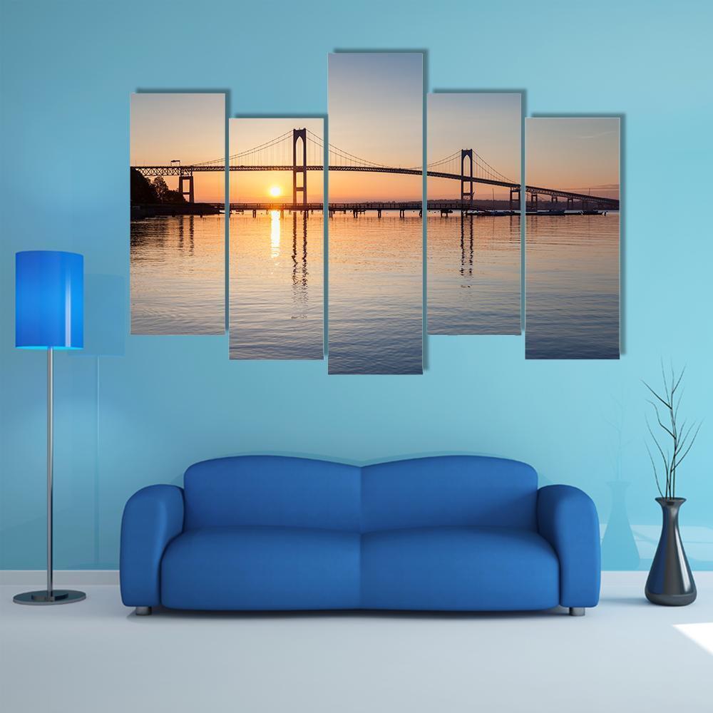 Sunrise Over Newport Bridge Canvas Wall Art-5 Pop-Gallery Wrap-47&quot; x 32&quot;-Tiaracle