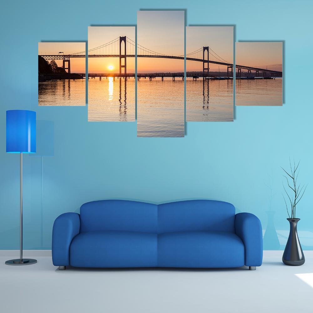 Sunrise Over Newport Bridge Canvas Wall Art-5 Star-Gallery Wrap-62" x 32"-Tiaracle