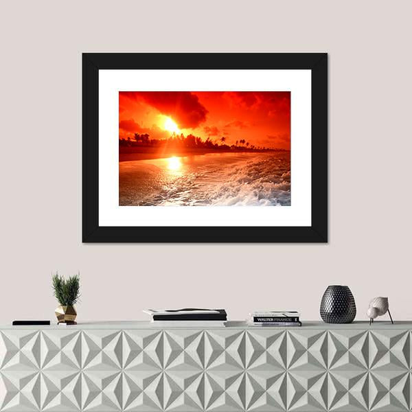 Sunrise With Bright Red Sky On Sea Canvas Wall Art - Tiaracle