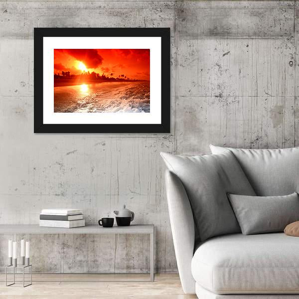 Sunrise Over Ocean In Golden Sky Canvas Wall Art-3 Horizontal-Gallery Wrap-25" x 16"-Tiaracle