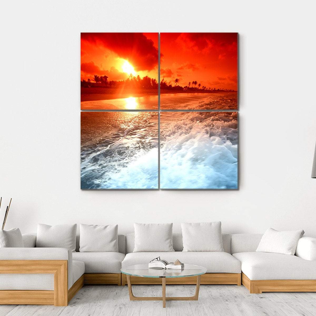 Sunrise Over Ocean In Golden Sky Canvas Wall Art-4 Square-Gallery Wrap-17" x 17"-Tiaracle