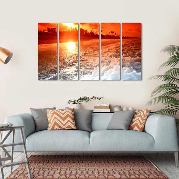 Sunrise Over Ocean In Golden Sky Canvas Wall Art-5 Horizontal-Gallery Wrap-22" x 12"-Tiaracle