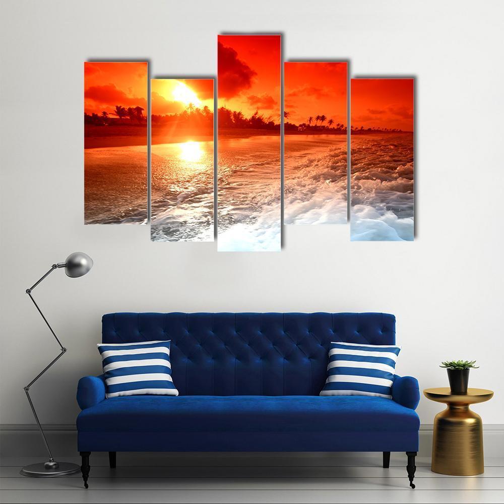 Sunrise Over Ocean In Golden Sky Canvas Wall Art-5 Pop-Gallery Wrap-47" x 32"-Tiaracle