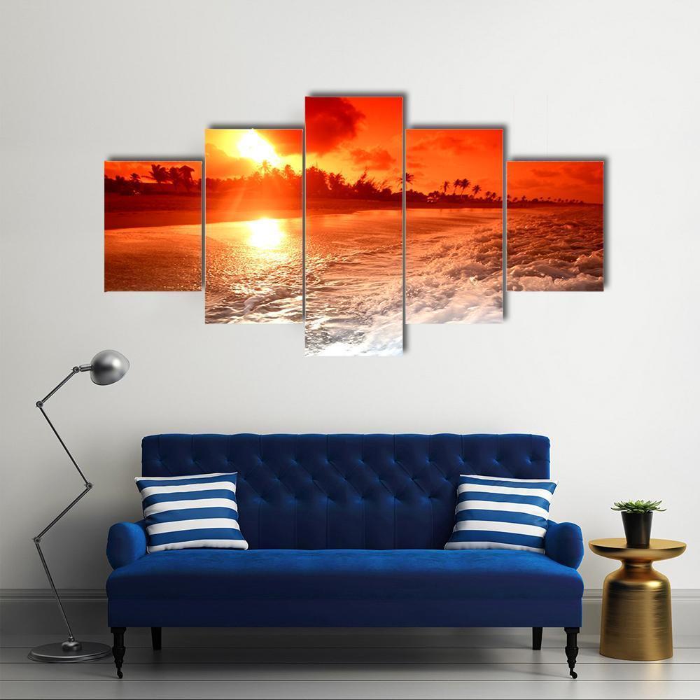 Sunrise Over Ocean In Golden Sky Canvas Wall Art-1 Piece-Gallery Wrap-48" x 32"-Tiaracle