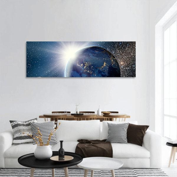 Sunrise Over Planet And Satellites In Space Panoramic Canvas Wall Art-1 Piece-36" x 12"-Tiaracle