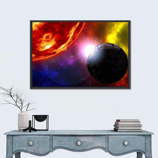 Sunrise Over Planet In Deep Space Canvas Wall Art-1 Piece-Floating Frame-24" x 16"-Tiaracle