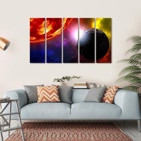 Sunrise Over Planet In Deep Space Canvas Wall Art-5 Horizontal-Gallery Wrap-22" x 12"-Tiaracle
