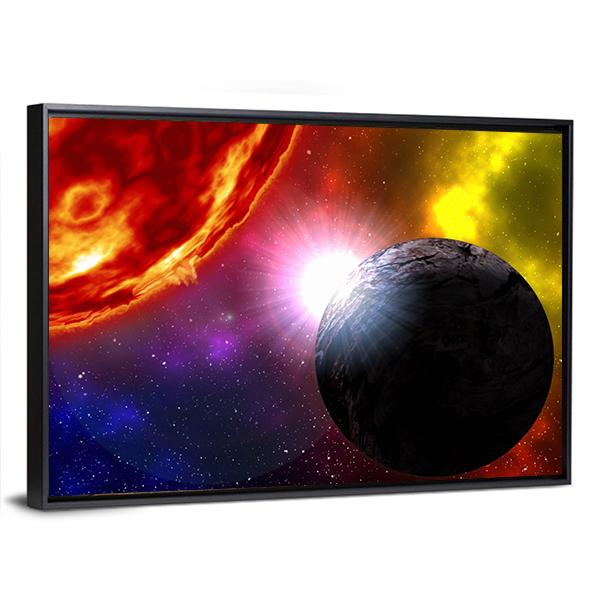Sunrise Over Planet In Deep Space Canvas Wall Art-3 Horizontal-Gallery Wrap-25" x 16"-Tiaracle