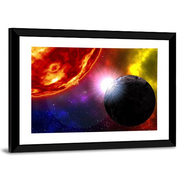 Sunrise Over Planet In Deep Space Canvas Wall Art-3 Horizontal-Gallery Wrap-25" x 16"-Tiaracle