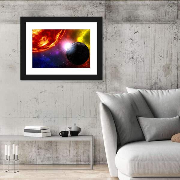 Sunrise Over Planet In Deep Space Canvas Wall Art-3 Horizontal-Gallery Wrap-25" x 16"-Tiaracle