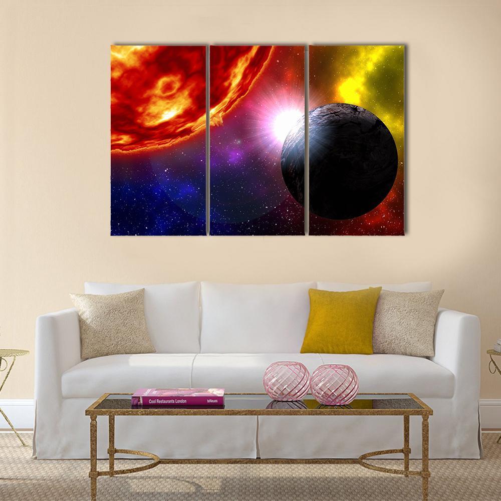 Sunrise Over Planet In Deep Space Canvas Wall Art-3 Horizontal-Gallery Wrap-37" x 24"-Tiaracle