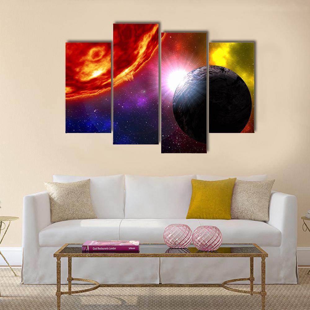 Sunrise Over Planet In Deep Space Canvas Wall Art-4 Pop-Gallery Wrap-50" x 32"-Tiaracle