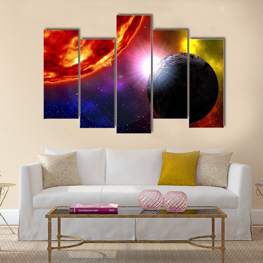 Sunrise Over Planet In Deep Space Canvas Wall Art-5 Pop-Gallery Wrap-47" x 32"-Tiaracle