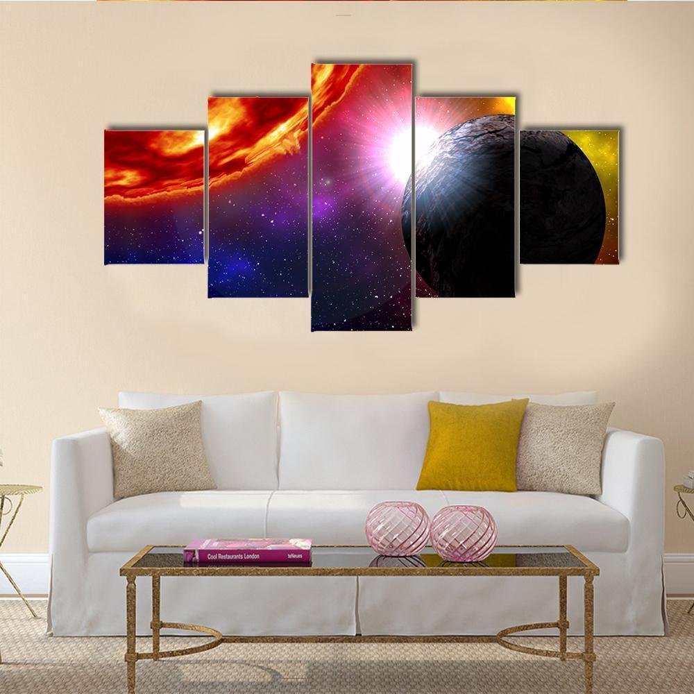 Sunrise Over Planet In Deep Space Canvas Wall Art-5 Star-Gallery Wrap-62" x 32"-Tiaracle