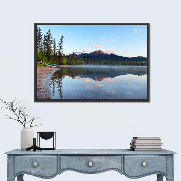 Sunrise Over Pyramid Mountain And Edith Lake Canvas Wall Art-1 Piece-Floating Frame-24" x 16"-Tiaracle
