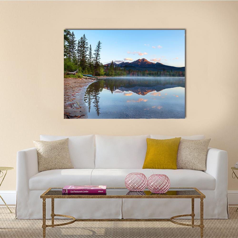 Sunrise Over Pyramid Mountain and Edith Lake Canvas Wall Art in brown, green and blue, single panel hung on a wall