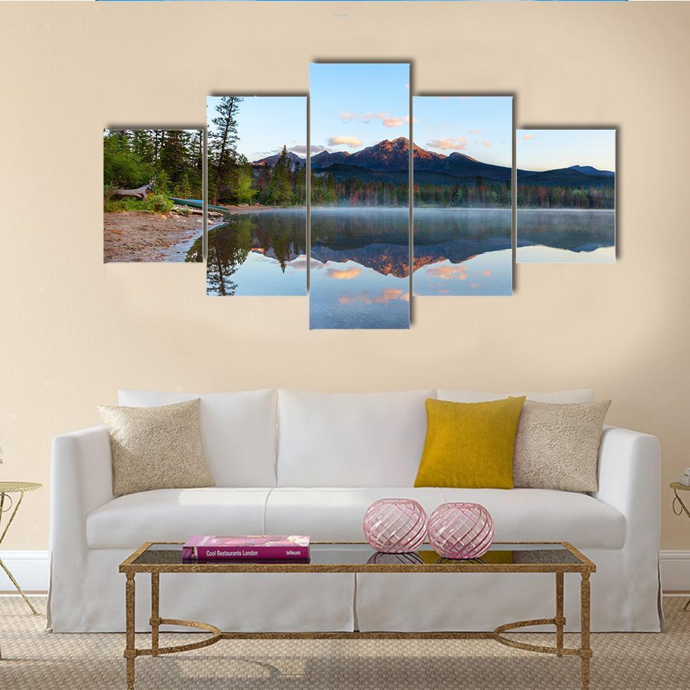 Sunrise Over Pyramid Mountain And Edith Lake Canvas Wall Art-5 Star-Gallery Wrap-62" x 32"-Tiaracle