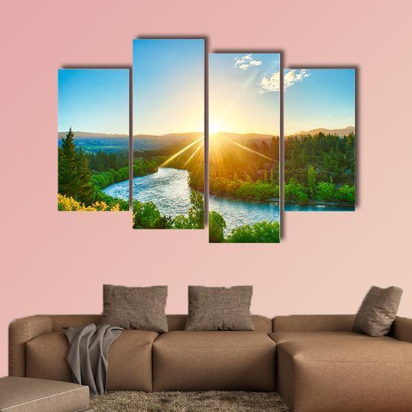 Sunrise Over River Clutha In New Zealand Canvas Wall Art-4 Pop-Gallery Wrap-50" x 32"-Tiaracle