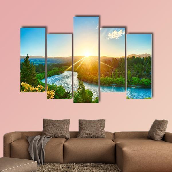 Sunrise Over River Clutha In New Zealand Canvas Wall Art-5 Pop-Gallery Wrap-47" x 32"-Tiaracle