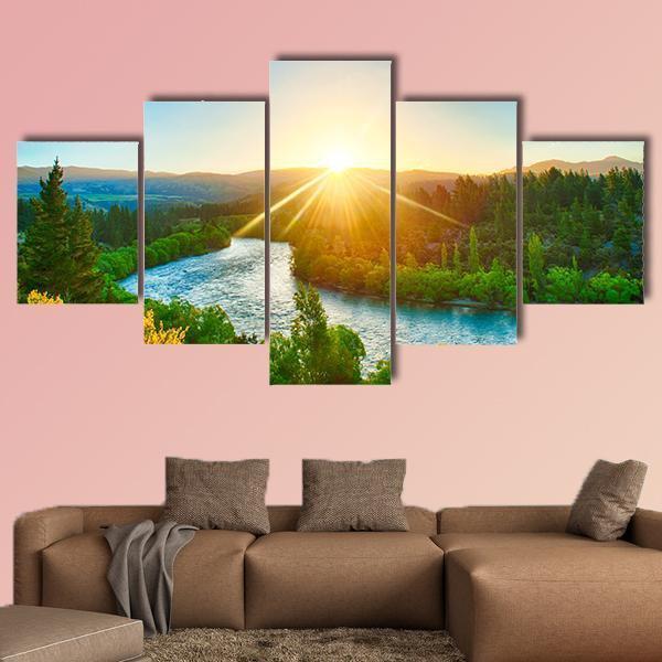 Sunrise Over River Clutha In New Zealand Canvas Wall Art-5 Star-Gallery Wrap-62" x 32"-Tiaracle