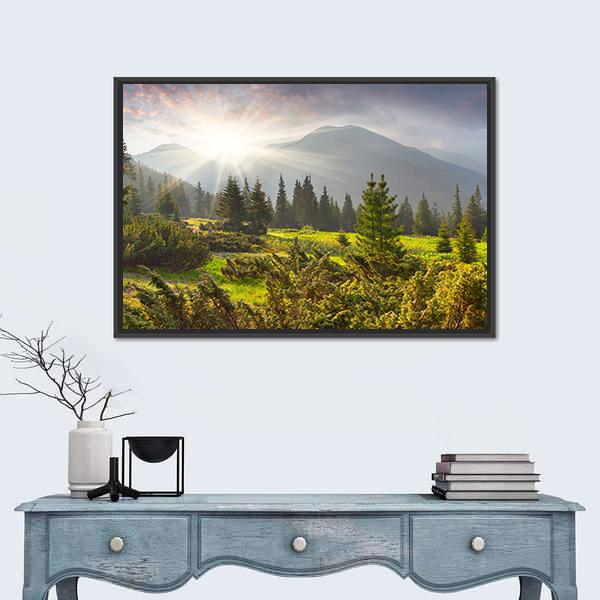 Sunrise Over Summer Landscape In The Mountains Canvas Wall Art-1 Piece-Floating Frame-24&quot; x 16&quot;-Tiaracle