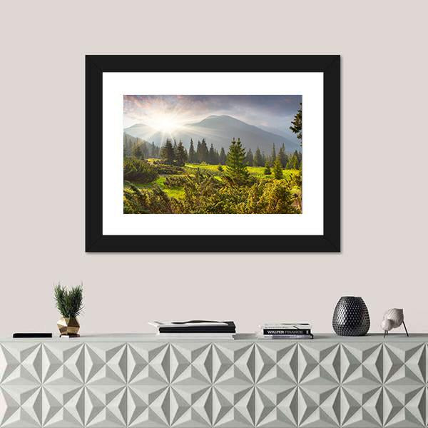 Sunrise Over Summer Landscape In The Mountains Canvas Wall Art-1 Piece-Framed Print-20" x 16"-Tiaracle