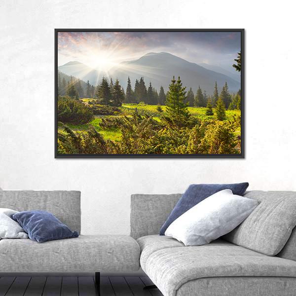 Sunrise Over Summer Landscape In The Mountains Canvas Wall Art-3 Horizontal-Gallery Wrap-25" x 16"-Tiaracle