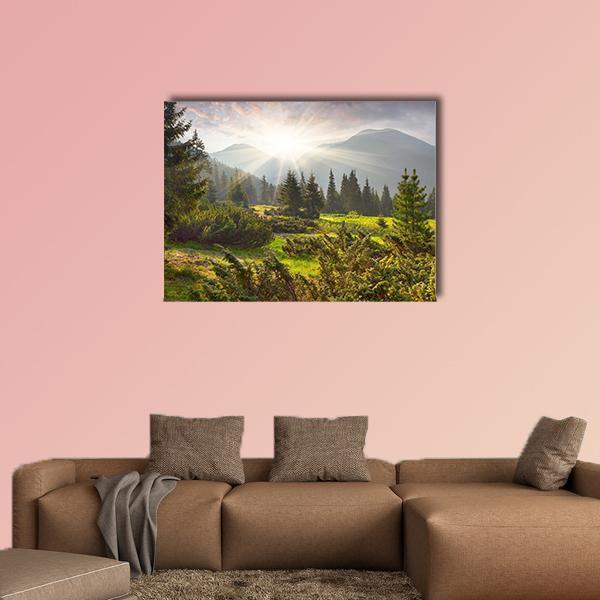 Sunrise Over Summer Landscape In The Mountains Canvas Wall Art-1 Piece-Gallery Wrap-48&quot; x 32&quot;-Tiaracle