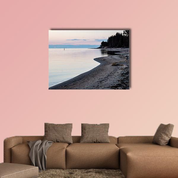 Sunrise Over Calm River in Spring Canvas Wall Art in gray, blue and pink, single panel hung on a wall
