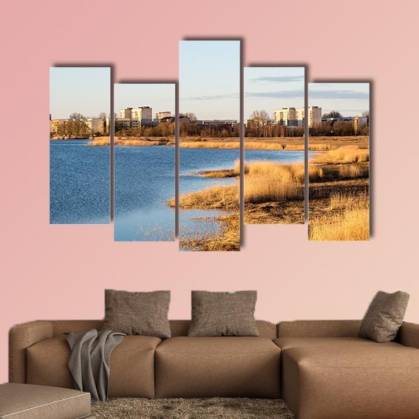 Sunrise Over The Lake In Country Canvas Wall Art-5 Pop-Gallery Wrap-47" x 32"-Tiaracle