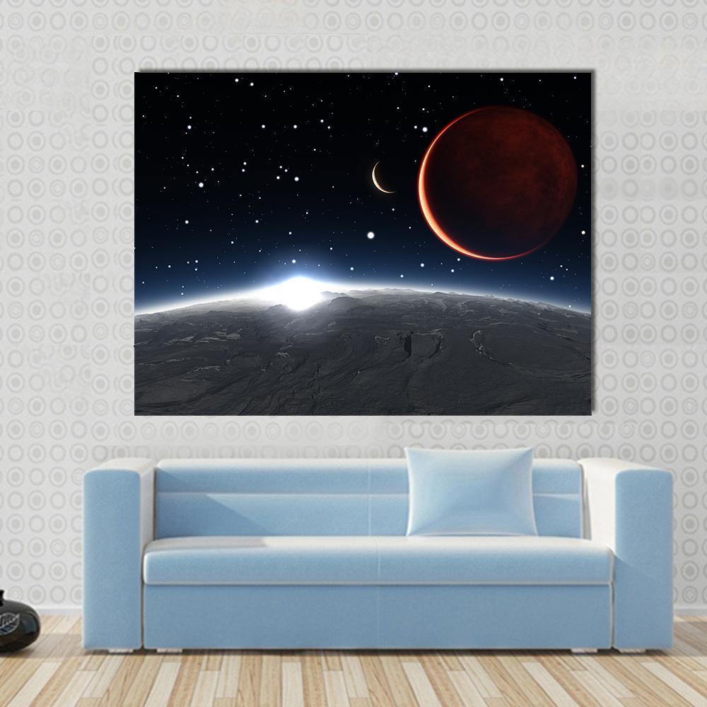 Sunrise Over Phobos and Mars Canvas Wall Art in black, gray and red, single panel hung on a wall