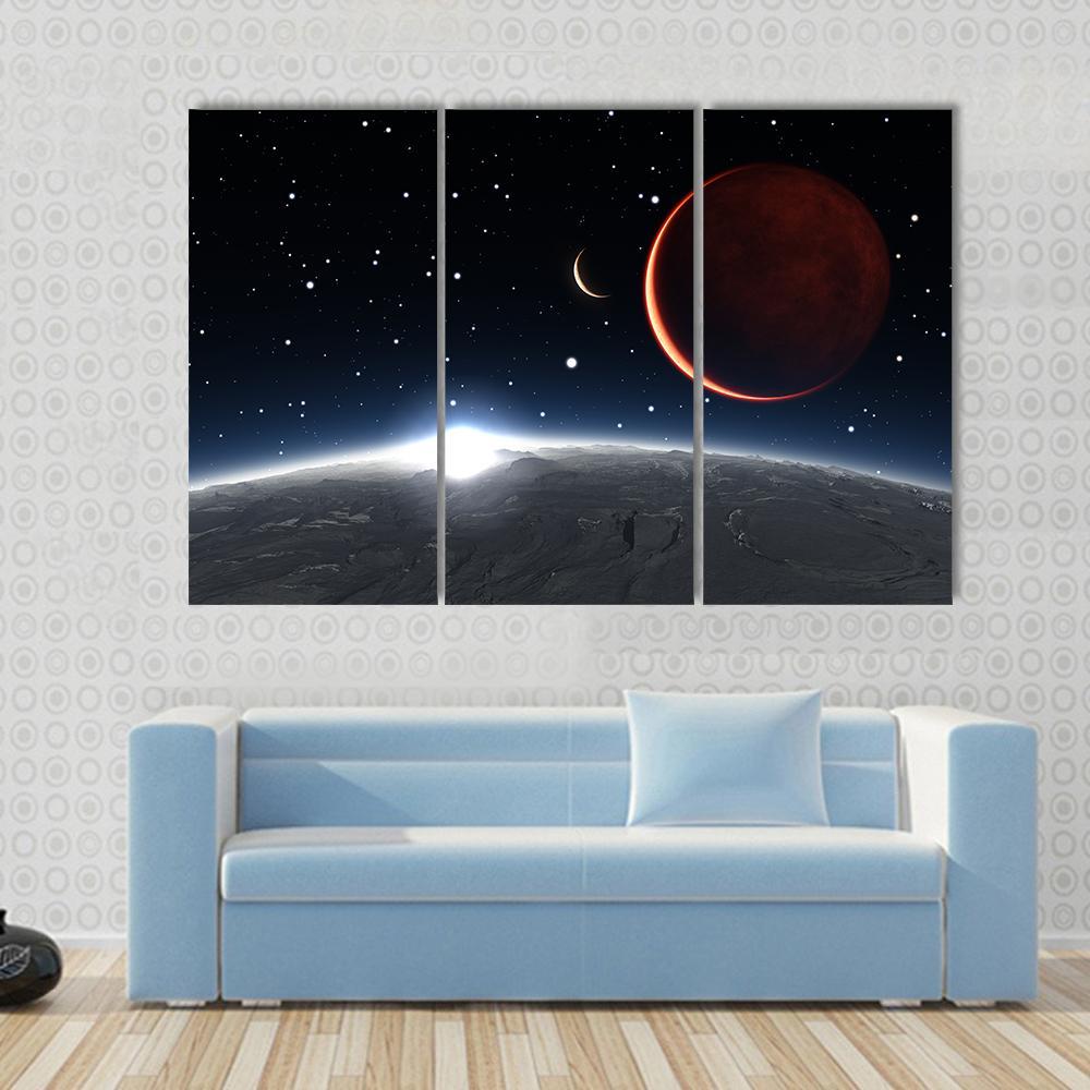 Sunrise Over The Phobos With Red Planet Mars Canvas Wall Art-3 Horizontal-Gallery Wrap-37" x 24"-Tiaracle