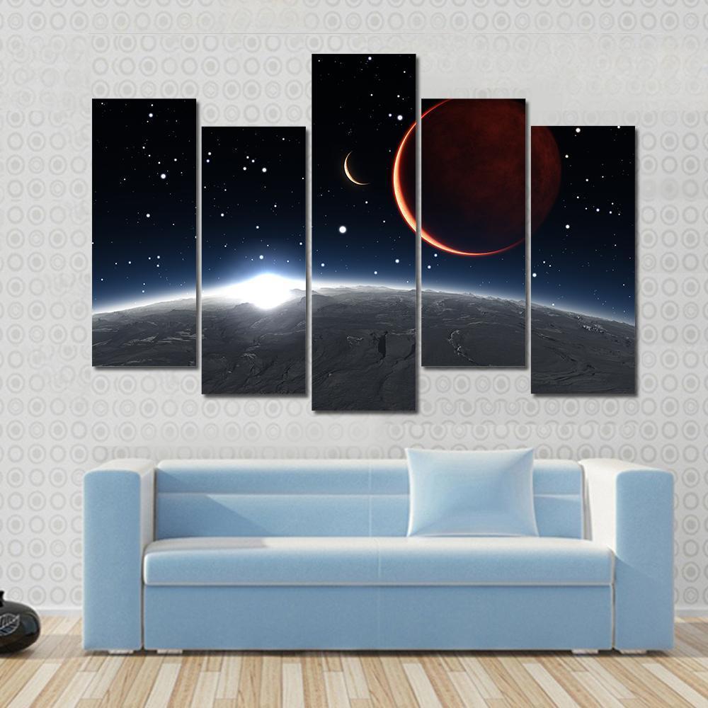 Sunrise Over The Phobos With Red Planet Mars Canvas Wall Art-3 Horizontal-Gallery Wrap-37" x 24"-Tiaracle