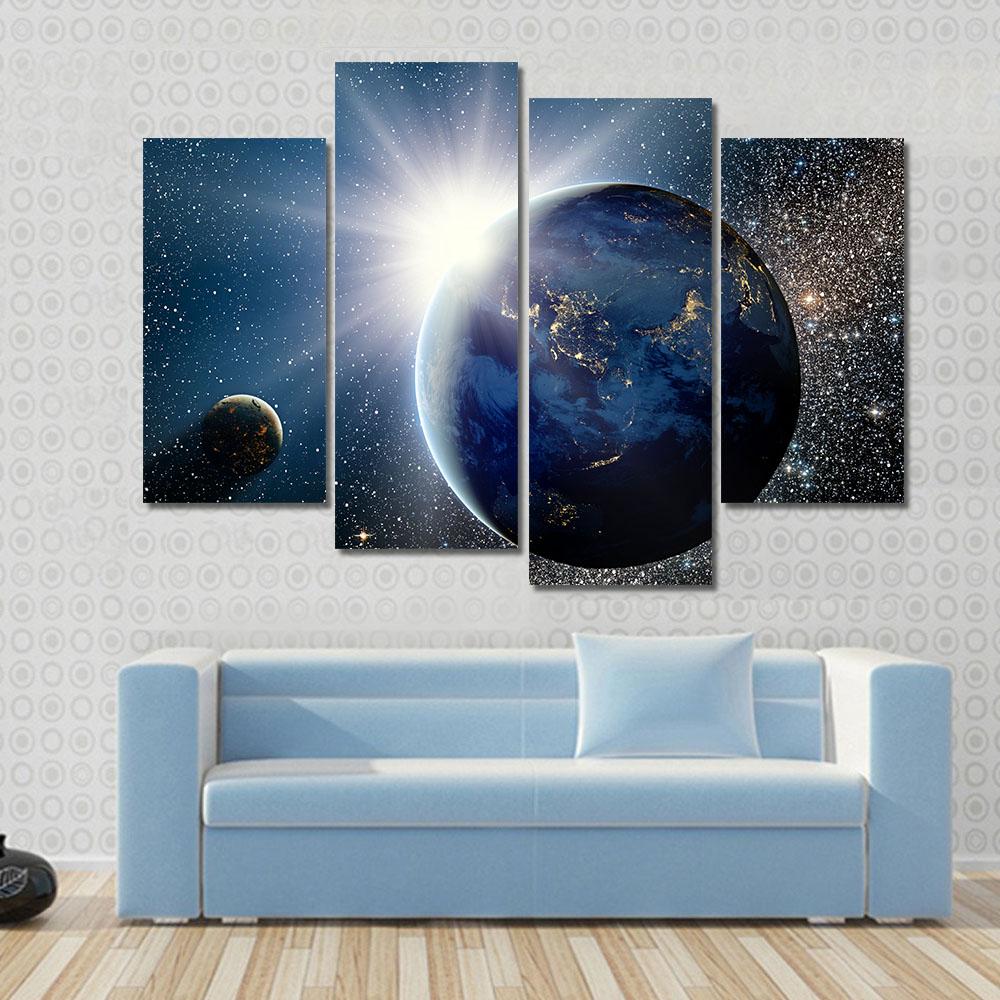 Sunrise Over Planet And Satellites In Space Canvas Wall Art-4 Pop-Gallery Wrap-34" x 20"-Tiaracle