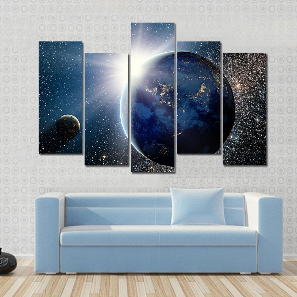 Sunrise Over Planet And Satellites In Space Canvas Wall Art-5 Pop-Gallery Wrap-32" x 21"-Tiaracle