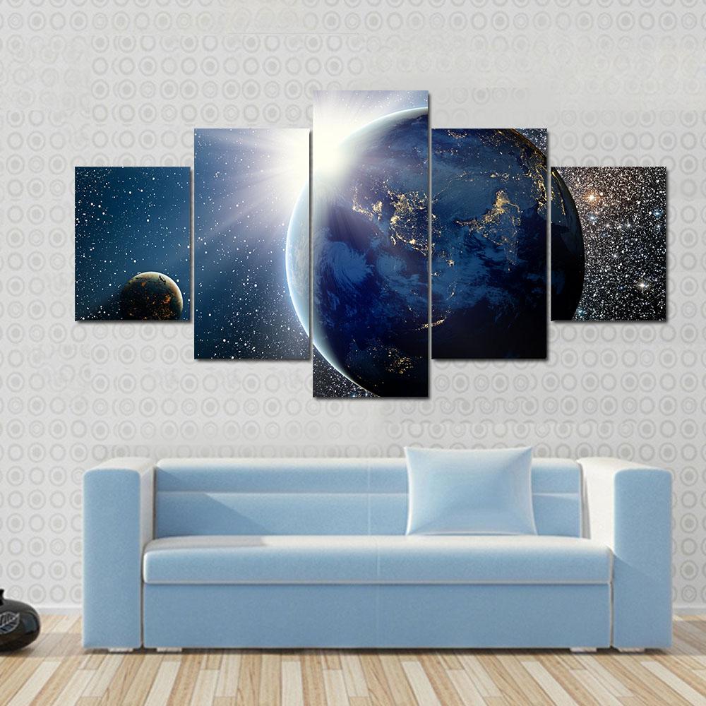 Sunrise Over Planet And Satellites In Space Canvas Wall Art-5 Star-Gallery Wrap-42" x 21"-Tiaracle