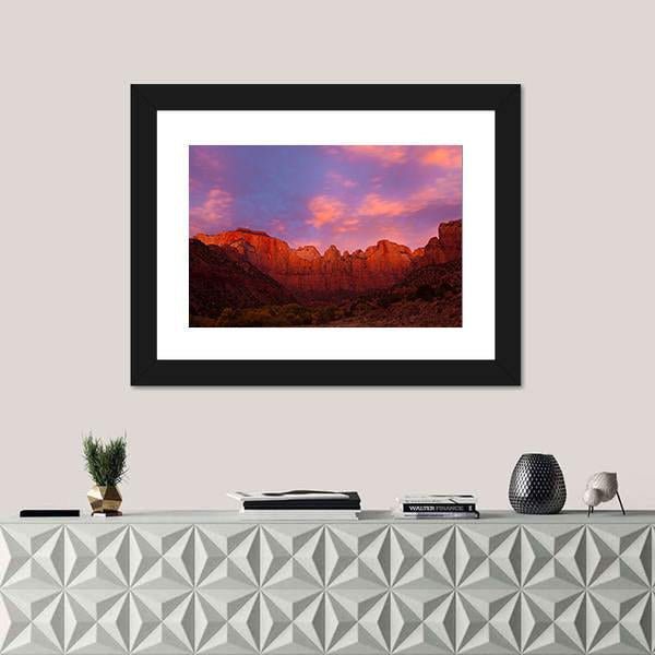 Sunrise Over The Towers Of Virgin Canvas Wall Art-1 Piece-Framed Print-20" x 16"-Tiaracle