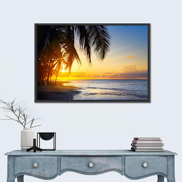 Sunrise Over Tropical Beach Canvas Wall Art-1 Piece-Floating Frame-24" x 16"-Tiaracle