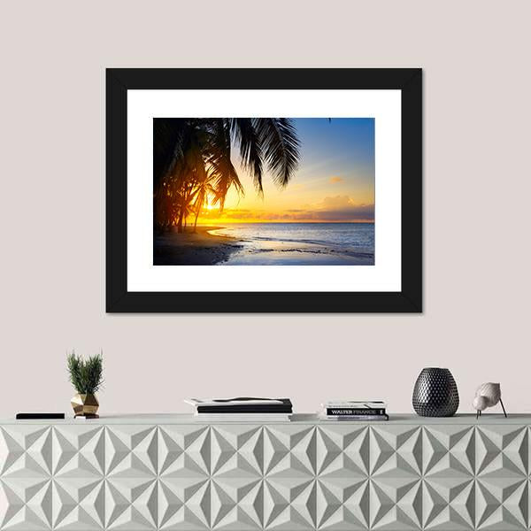 Sunrise Over Tropical Beach Canvas Wall Art-1 Piece-Framed Print-20" x 16"-Tiaracle
