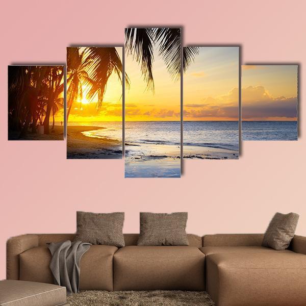 Sunrise Over Tropical Beach Canvas Wall Art-5 Star-Gallery Wrap-62" x 32"-Tiaracle